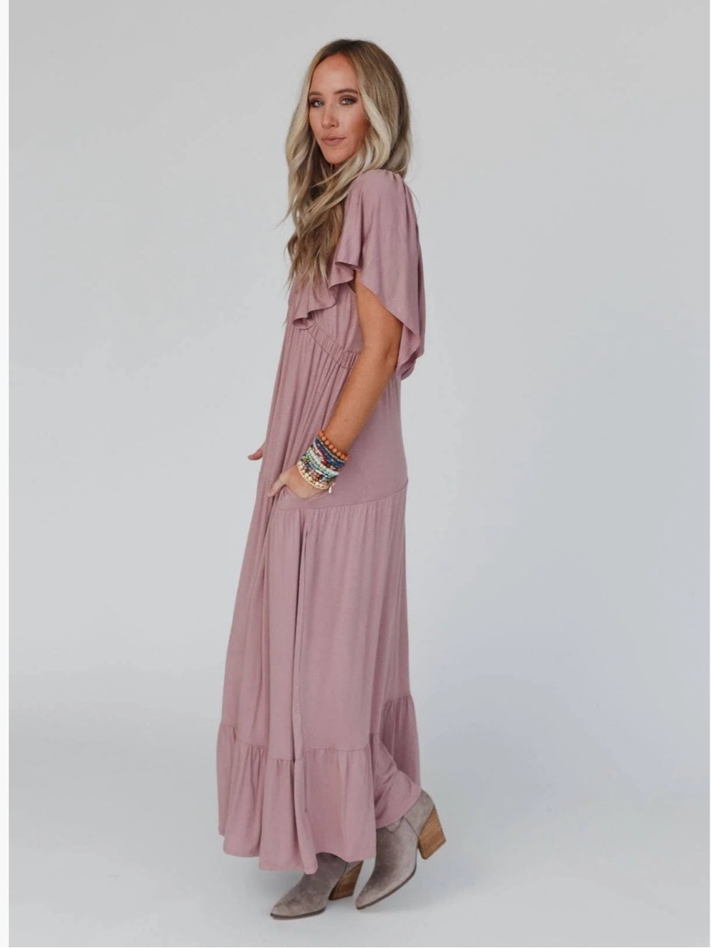 New: Three Bird Nest Mauve “On Repeat” Ruffle Neckline Tiered Maxi Dress• Smal - Picture 2 of 7